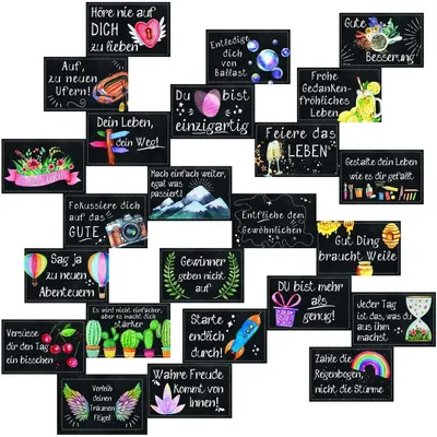 Produktbild von 24 Mini Sprüche Karten 8,5 x 5,5 cm in schwarz bunt Motivationskarten Kraft Coaching