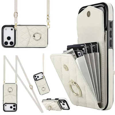 Obrázok produktu pre Crossbody puzdro z umelej kože pre Apple iPhone 17 Pro Max s kosoštvorcovým vzorom a slotom na kartu RFID, biele