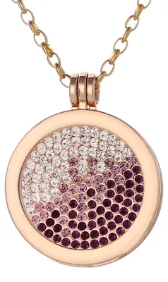 Image de Collier pour femme Morella, doré, 70 cm, en acier inoxydable, avec amulette et médaille de 33 mm, pierres de zircone violettes, roses et argentées, dans une pochette à bijoux