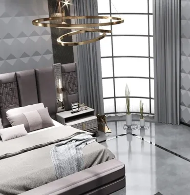 Image de Ensemble de chambre à coucher moderne et luxueux, gris, avec éclairage, 3 pièces