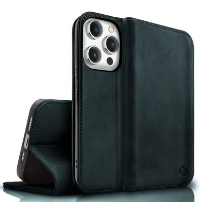Immagine prodotto di NALIA Custodia flip in vera pelle per iPhone 15 Pro, cover protettiva in pelle di vacchetta Protezione RFID Custodia in pelle stand-up blu scuro