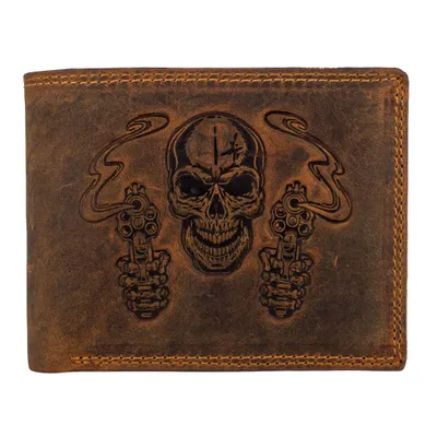 Produktbild von RFID Büffelleder Geldbörse Totenkopf Motiv Skull & Pistols Braun Querformat