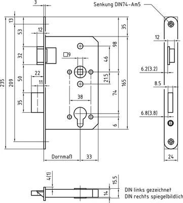 Produktbild von BMH Einstemmschloss 1000 Rundzylinder mit Wechsel, rechts, Stulp 24 mm,Edelstahl
