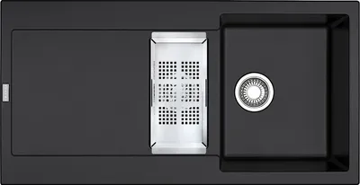A top-down view of a black kitchen sink with a drainer and a silver drain cover.