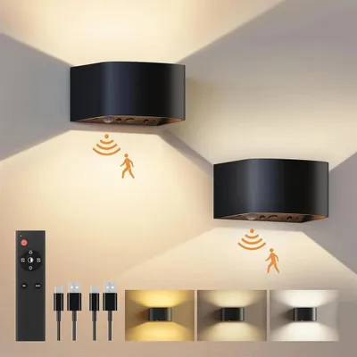 Zdjęcie produktu dla Kinkiet LED do wnętrz – zestaw 2 sztuk Up & Down – czujnik ruchu – 3 temperatury barwowe – bezprzewodowy – akumulator 4000 mAh – pilot zdalnego sterowania – możliwość ściemniania – czarny