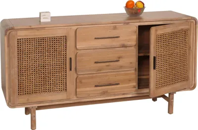 Zdjęcie produktu dla Kredens HWC-M47, komoda z szufladami, komoda z szufladami, rattan akacja lite drewno bejcowane 83x160x45cm 47kg