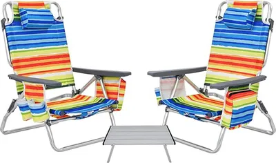 Two beach chairs and a small table are shown against a white background.