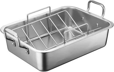 Imagen del producto de Bandeja rectangular de acero inoxidable para asar, estable, con rejilla metálica, ideal para hornear
