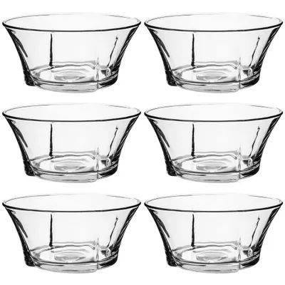 A set of six clear glass bowls arranged in two rows of three.