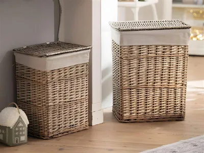Produktbild von 2x Wäschekorb "Modern Grey" aus Weide mit Deckel und Stoffeinsatz, Wäschesammler, Aufbewahrungskorb, Flechtkorb