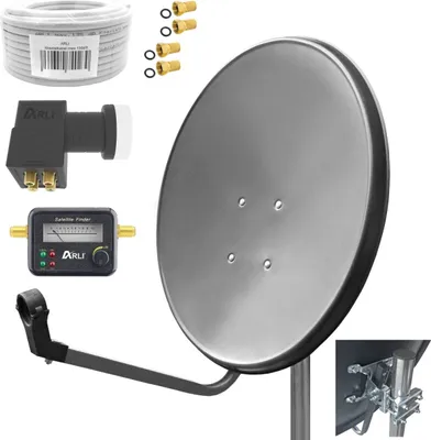 Produktbild von ARLI 60 cm HD Sat Anlage grau + Quad LNB + 20m Kabel + Satfinder + 4x F-Stecker vergoldet
