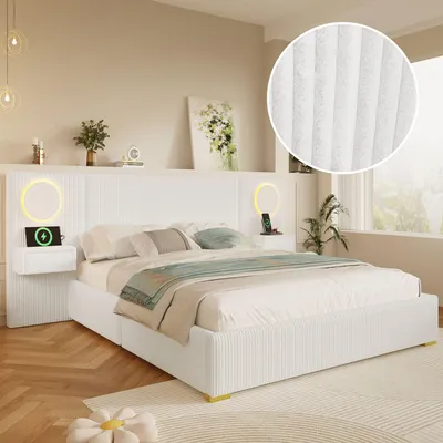 Produktbild von Merax Polsterbett 180x200 cm Samt Bett mit LED Kopfteil, USB Anschlüssen & Nachttisch Schubladen, Doppelbett mit Lattenrost, Flachbett, Beige