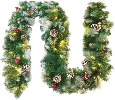 Produktbild von LARS360 Künstliche Weihnachtsgirlande 800 cm mit LED, Tannengirlande mit Schnee, Kiefernzapfen & roten Beeren, Weihnachtsdeko für Tür, Wand & Kamin