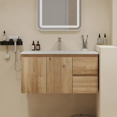Immagine prodotto di Lavabo con mobile sottolavabo da 90 cm, sospeso, in Vetroceramica, con finitura effetto legno "rovere" e sistema di chiusura ammortizzata