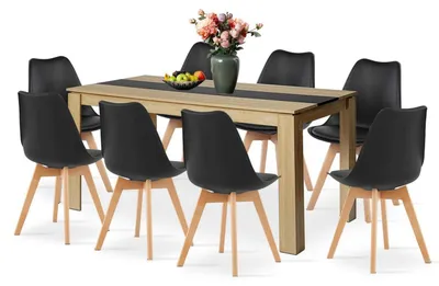 Image de Ensemble de salle à manger comprenant une table rectangulaire en chêne et noir, avec 8 chaises, dimensions : 160 x 80 x 75 cm
