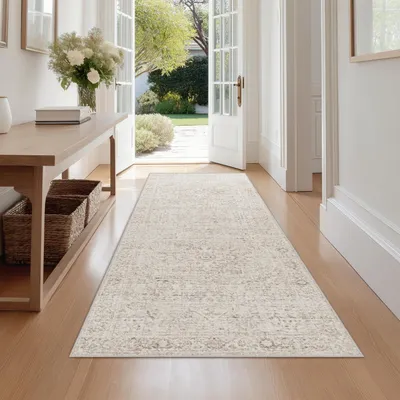 Image de Tapis de couloir, motif vintage, beige, rectangulaire, 60 x 240 cm, lavable