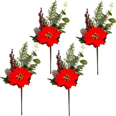 Immagine prodotto di Stelle di Natale artificiali, 4 pezzi - Decorazioni per l'albero di Natale - Candele rosse - 30 cm - Bacche - Pigne