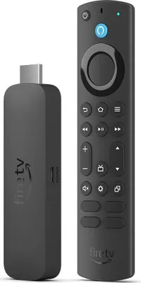 A black Amazon Fire TV Stick 4K MAX and its remote are shown against a white background.