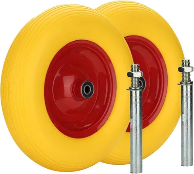 Produktbild von 2er Set Schubkarrenräder 4.80/4.00-8 Vollgummi mit Achse | 2 pannensichere Ersatzräder 390 x 95 mm, Tragkraft bis 200 kg, für Schubkarren im Garten, Hof und auf Baustellen.