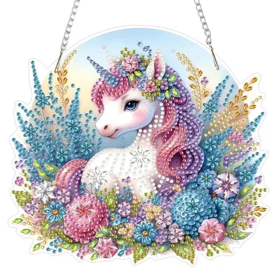 Produktbild von 5D Diamant Malerei Hängendes Ornament Kit Einhorn Anhänger Blumen Fensterbilder Beidseitig mit Kette 19.7x18.2cm Weiß Blau Lila