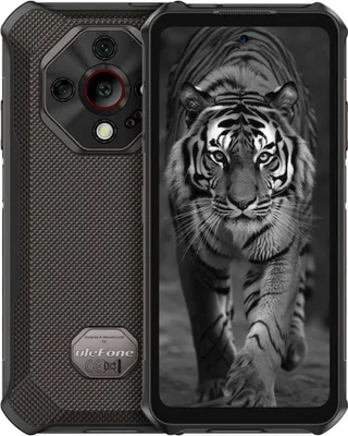 A rugged smartphone is shown from the front and back, with a tiger image on the screen.