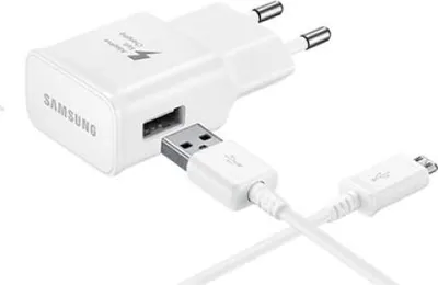 A white Samsung fast charging wall adapter with a USB port and a white USB to micro-USB cable.