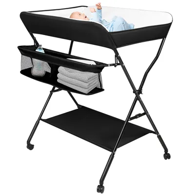 Produktbild von Mobiler Wasserdicht Wickeltisch,Klappbarer Baby Wickeltisch,Wickeltisch mit Rollen,Baby Wickelkombi mit Ablagefächern Höhenverstellbar 86x62x98-104cm