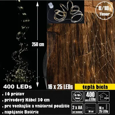 A product image showcasing a string of LED lights with a dark background and a wooden texture background. It includes text overlays with product specifications and features.