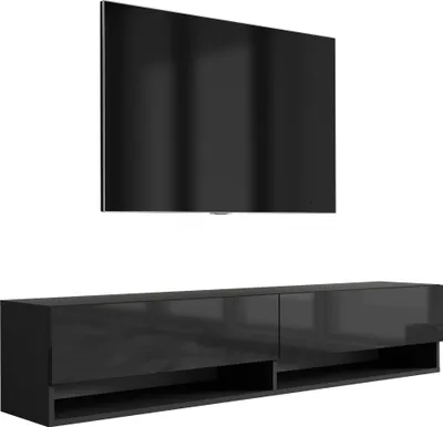 Zdjęcie produktu dla TV lowboard 170 cm czarny matowy / czarny wysoki połysk, 170 × 32 × 34 cm
