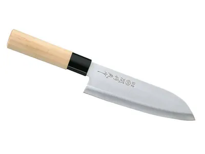Zdjęcie produktu dla Japoński nóż szefa kuchni Tsubazo Santoku z zaostrzoną drewnianą rękojeścią