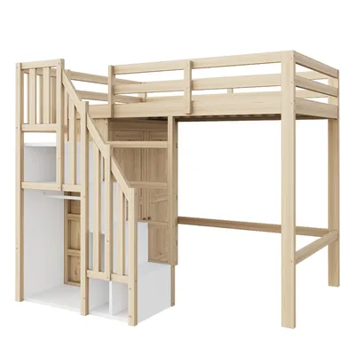 Immagine prodotto di letto a soppalco okwish 90×200 letto per ragazzi letto singolo con scala con contenitore e armadio, letto a soppalco con struttura in legno massiccio, colore legno (con materasso)