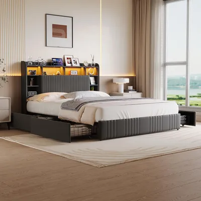 Produktbild von Polsterbett 160x200 cm mit 4 Schubladen, Stauraum-Kopfteil, LED, Lattenrost, Leinenstoff Grau, Jugendbett Doppelbett ohne Matratze