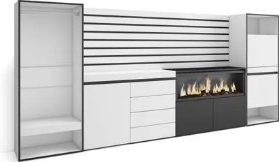 Image de COZY Buffet, 334x35x145cm, Chambre à coucher, Cheminée électrique XXL, Commode, Buffet, Meuble à Chaussures, Vestiaire ouvert, Blanc