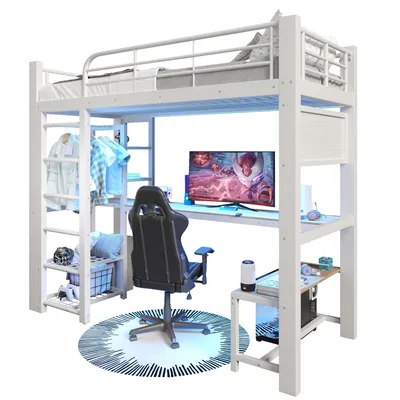 Produktbild von Hochbett mit Schreibtisch, LED-Streifen, Lattenrost, Leiter, Regalen, Wandgitter, Rausfallschutz und Kleiderstange, 90x200 cm, Kinderbett, Metallbett