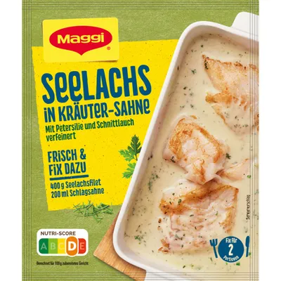 A package of Maggi Fix for pollock in herb cream sauce, with a picture of the prepared dish.