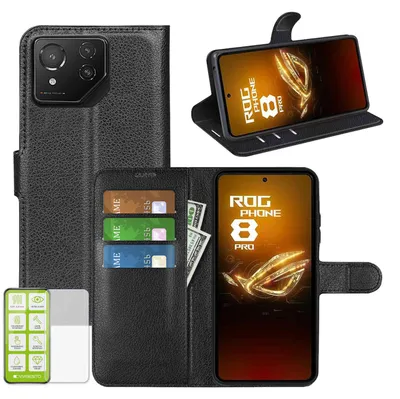 Obrázek produktu pro Pouzdro na mobilní telefon Asus ROG Phone 8 Pro, černé, z umělé kůže + tvrzené sklo H9
