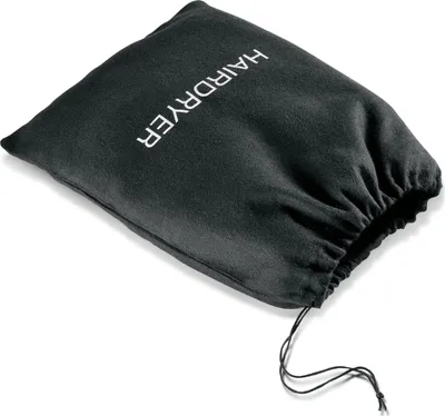 A black fabric bag with the word "HAIRDRYER" printed on it in white text.