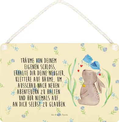 Produktbild von Mr. & Mrs. Panda Schild Hase Blume DIN A6 - Blumig - Geschenk, Kaninchen, Träume, Schwangerschaft, wandhänger, holzbild, Dekoschild, Türschild, Geburt, Ostern
