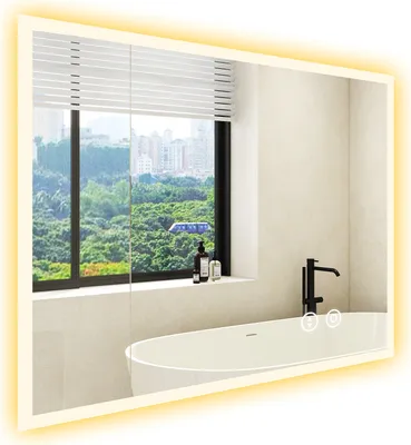 A modern bathroom with a bathtub and a large LED mirror reflecting a window with a city view.