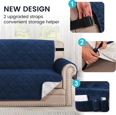 Produktbild von (3 Seater, Marine) Sofabezug Gesteppter dicker Samtplüsch-Couchbezug für Sessel Schonbezug Schutz vor Haustieren Hunde, rutschfest zwei elastische Riemen an Rücken und Basis
