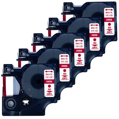 Produktbild von DULA Etikettenband - Kompatibel mit Dymo D1 40915 - 5 Stück - Rot auf weiß - 9mm x 7m