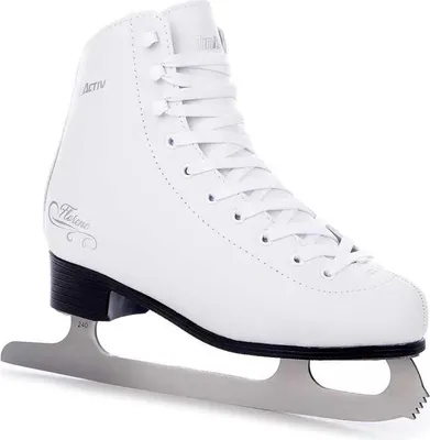 A white figure skate with a silver blade is shown against a white background.