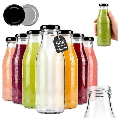 Zdjęcie produktu dla SuperButelki - Zestaw 50x Butelka szklana SOK 500 ml z zakrętką, na soki wino napoje kompot butelki na soki 0,5l komplet butelek + E-BOOK z przepisami