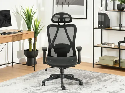 Produktbild von Bürostuhl schwarz, ergonomisch, mit Kopfstütze, Lordosenstütze, verstellbaren Armlehnen, Sitzhöhe 45-53 cm