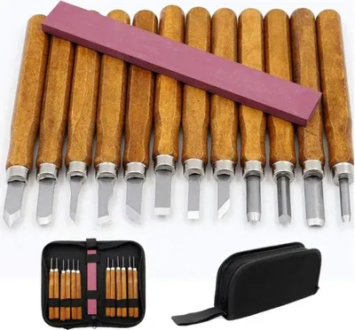 Obrázek produktu pro Sada řezbářských nástrojů, 12 kusů dlát, řezbářský nůž s brouskem, sada řezbářských dlát s taškou, tesařské dláto pro profesionály i začátečníky