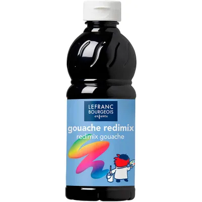 A bottle of black gouache paint with a colorful label and an illustration of a child painting.