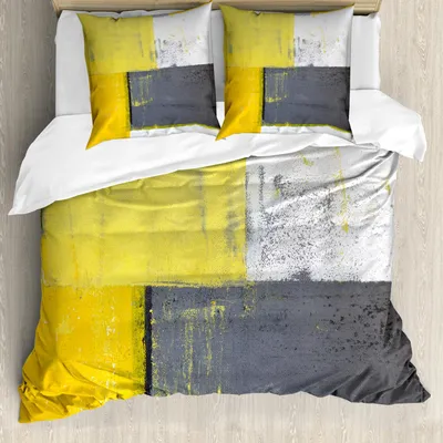Produktbild von ABAKUHAUS Grau und Gelb Bettbezug Set, Hellgelbe Plätze, 200 x 200 cm + 80 x 80 cm, Grau Gelb
