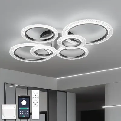Obrázek produktu pro LED stropní svítidlo do obývacího pokoje, stmívatelné, s dálkovým ovládáním a aplikací, 40W, moderní design, 6 světelných kruhů, nastavitelné barvy světla (3000K-6500K), funkce paměti, 88 cm, černá barva