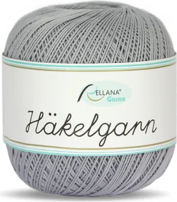 A ball of grey yarn with a label.