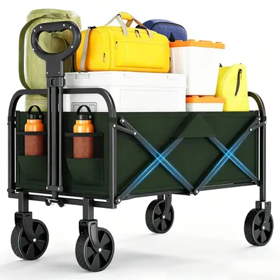Obrázok produktu pre Campingový príves Bollerwagen 220 L - Skladací ručný vozík - Vhodný na prepravu ťažkých nákladov - S kolesami - Nastaviteľná rukoväť - Držiak na nápoje - Zelený